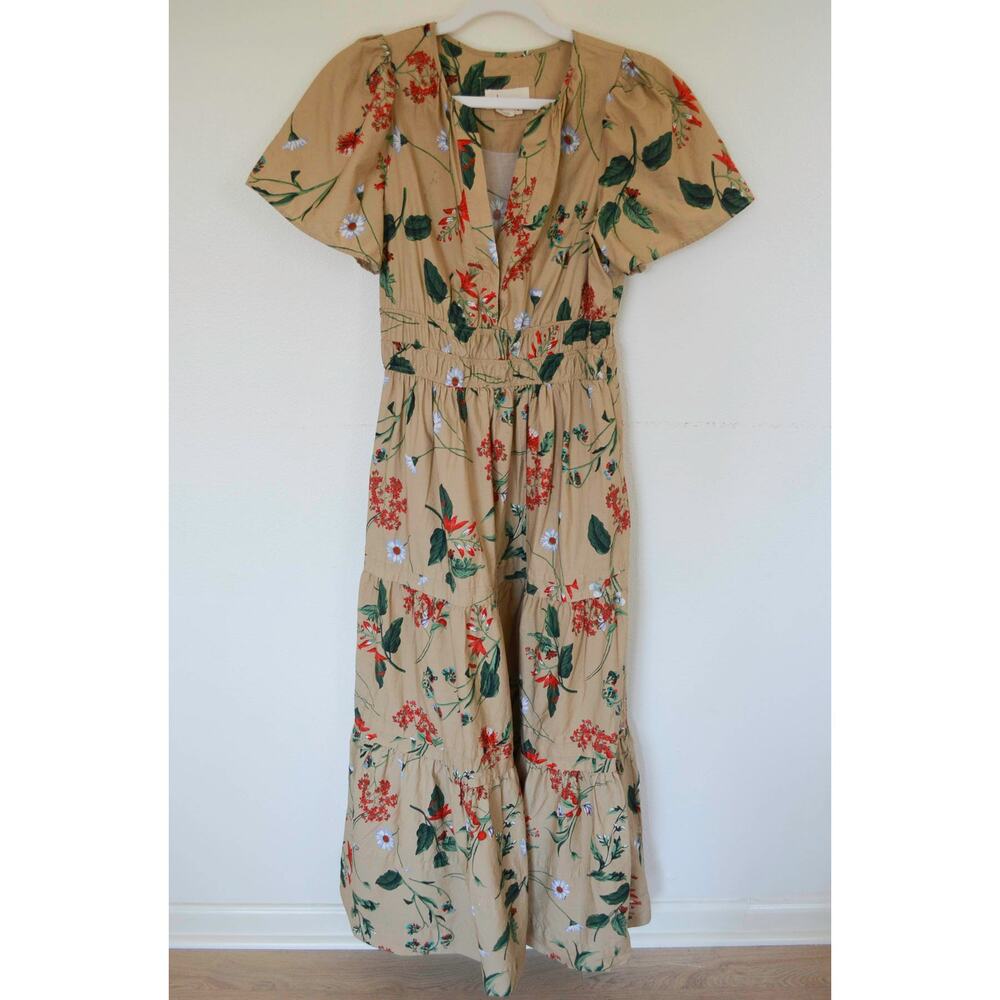 Anthropologie The Somerset Maxi Dress Tiered Smock Floral Khaki Tan - Picture 2 of 7